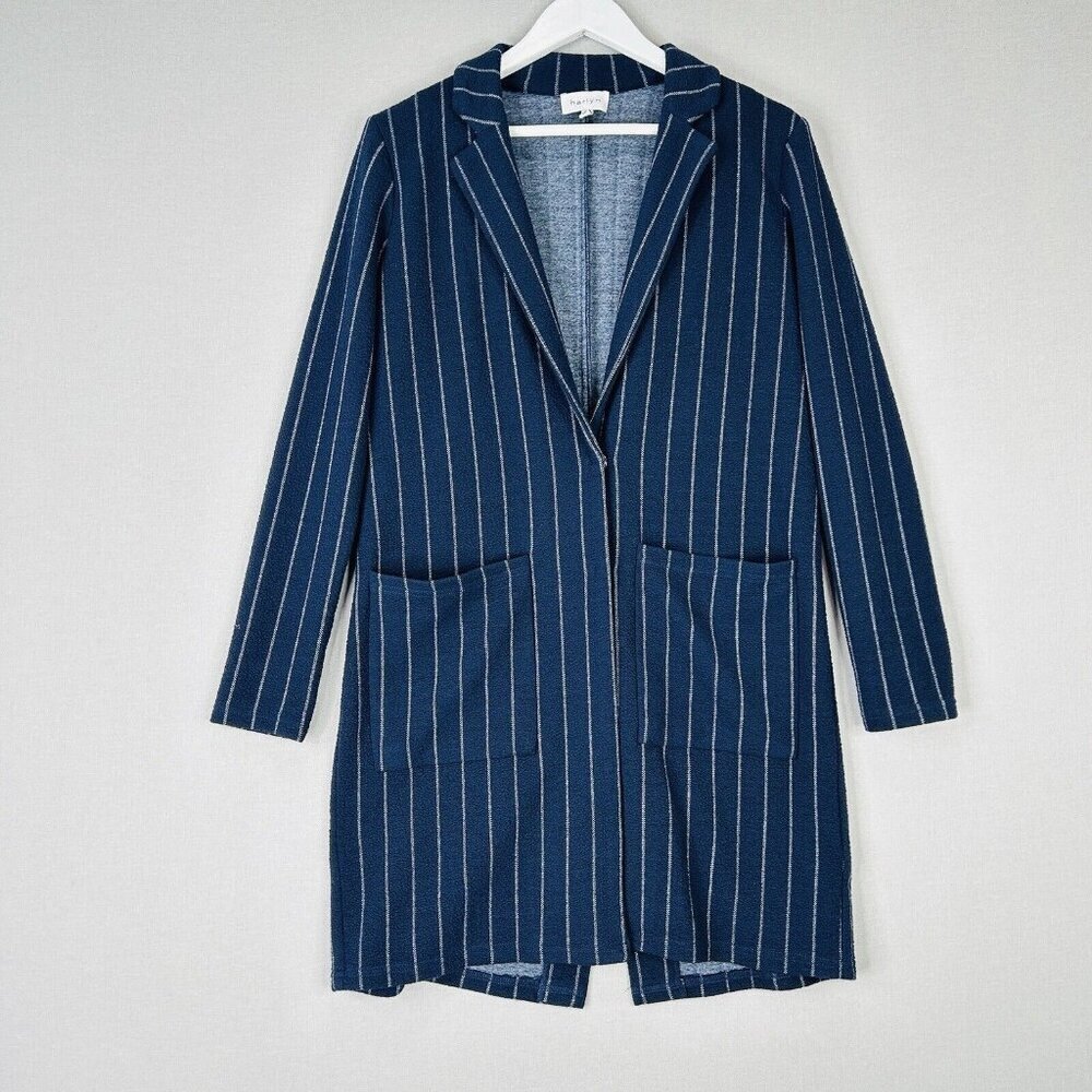 Harlyn Anthro Womens Jacket Extra Small Blue Pinstripe‎ Longline Blazer Cardigan
